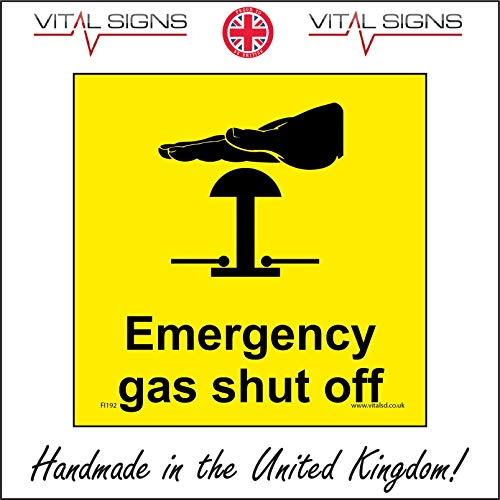 FI192 Emergency Gas Shut Off Switch Isolator Valve Panic Stop Power Cut Sign 100mm x 100mm Sticker/Sav - White Background