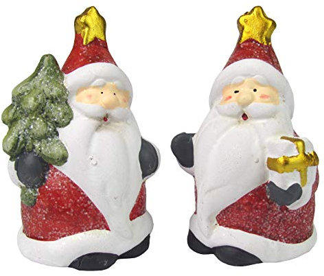Unbekannt Weihnachtsfiguren - Weihnachtsdeko - 2er Set Dekofiguren aus Keramik, Handbemalt (Santa mit Baum und Paket)