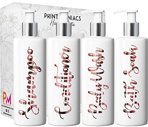Print Maniacs Mrs Hinch Inspired White Personalised Pump Bottles Bathroom Kitchen Set Shampoo Conditioner (Rose Gold)