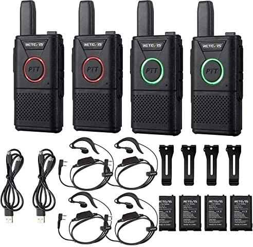 Retevis RT618 Walkie Talkie con Auriculares, Mini Radio PMR446, Radio PTT Doble Largo Alcance y 2 Vías, 16 Canales, VOX, Emergencia, Walky Talky para Hotel, Venta al por Menor (Negro, 4 Piezas)