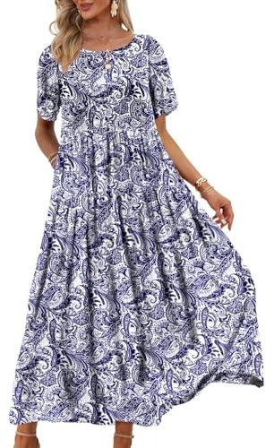 YESNO Women Dresses Casual Plus Size Bohemian Short Sleeve Floral Long Maxi Summer Beach Swing Dress/Pockets L EJFUK CR148