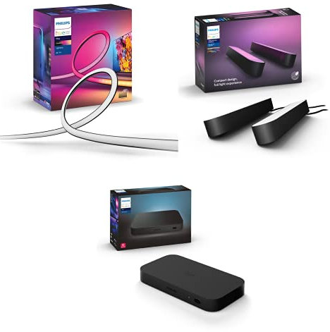Philips Hue Gradient Lightstrip (for 65 Inch TV), HDMI Sync Box, and Hue Play Twin Pack [Black] Bundle. White and Colour Ambiance LED Smart Entertainment Lighting. Home, Indoor, Living Room and Lounge