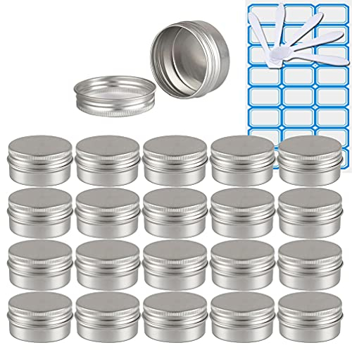 ZEOABSY 50 Stück Leere 30 ml Rund Silber Aluminium Tins mit Schraub-Deckel Schraubdose Cremedose Alu-Tiegel Dosen Aludose Blechdosen für Kosmetik Kerze Salben 5X Spatel, 2X Etikette