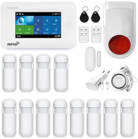 HUXGO HXA006 Funk Alarmanlage WiFi + GSM 4G Modul mit 12 Bewegungssensoren und Funksirene - Bewegungsmelder mit Alarm, SMS-Benachrichtigungen, Steuerung vom Telefon aus