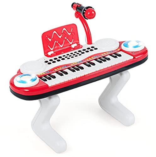 Costway Clavier de Piano Electronique à 37 Touches pour Enfants Jouet Piano Portable avec Lumière Rythmique, Microphone, Pieds Détachables,Enregistrement et Lecture Educatif pour Tout-Petit (Rouge)