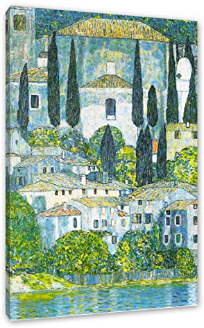Pixxprint Gustav Klimt - Kirche in Cassone Landschaft mit Zypressen, Größe: 60x40cm, Leinwandbild, fertig gespannt, Wandbild, Dekoration, Kunstdruck, kein Poster