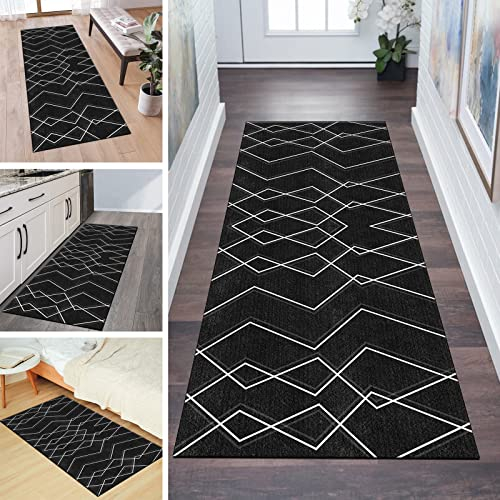 QQrunner Teppich Läufer Flur Küche 100x200cm Küchenteppich rutschfest Schwarz Weiss Gestreift Waschbar Meterware Schlafzimmer Korridor Teppichläufer Lang, Länge Anpassbare, 40-120cm Breit