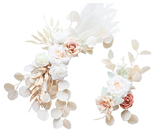 INIFLM Lot de 2 fleurs d'arche, roses artificielles avec feuilles argentées et herbe de la pampa, arrangement floral pour chaise de mariage, blanc, rose, 65 x 27,9 cm, 39,9 x 15 cm