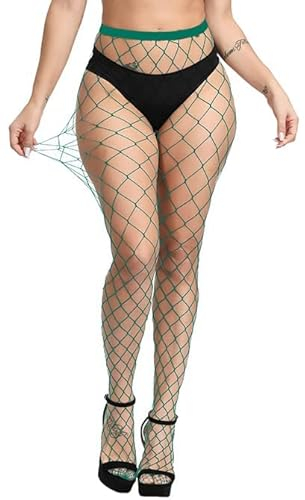 CozyWow Medias de malla para mujer, elásticas, huecas, cintura alta, mallas de malla de pesca atractivas, liguero, muslo, medias altas para mujeres, Green Big Hole, Talla única