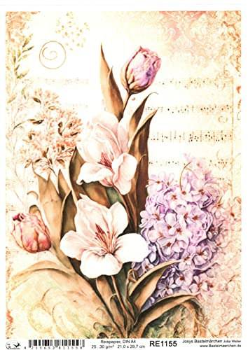 Josys Bastelmärchen Reispapier A4 Strohseide Decoupage Motiv Vintage Blumen Notenblatt RE1155