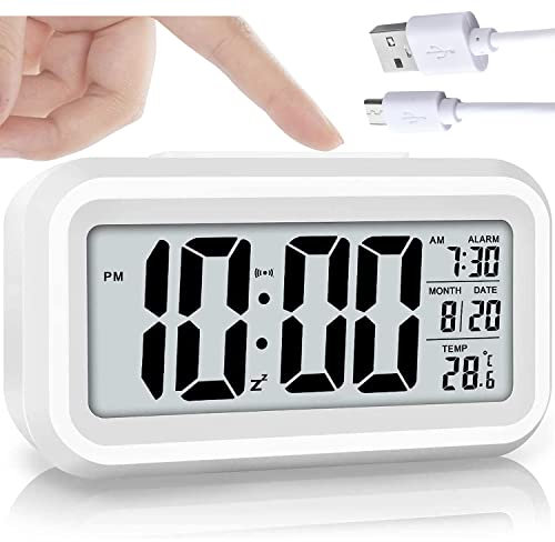 EGEN Digitaler Wecker mit Große LED Temperaturanzeige, Nicht tickender, Schlummerfunktion, Reisewecker Tischuhr mit Großes LED-Zahlendisplay, Lichtsteuerung Intelligenter Wecker (USB Charge)