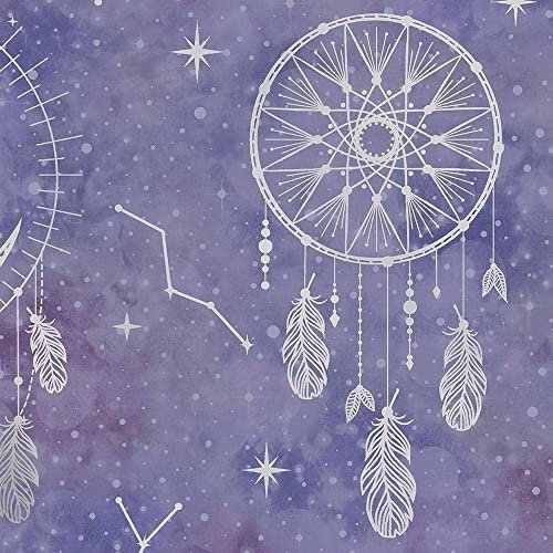 Dreamcatcher Purple Silver Wallpaper - Metallic Stars Constellation Space Feathers Kids Bedroom Nursery Modern (13331)
