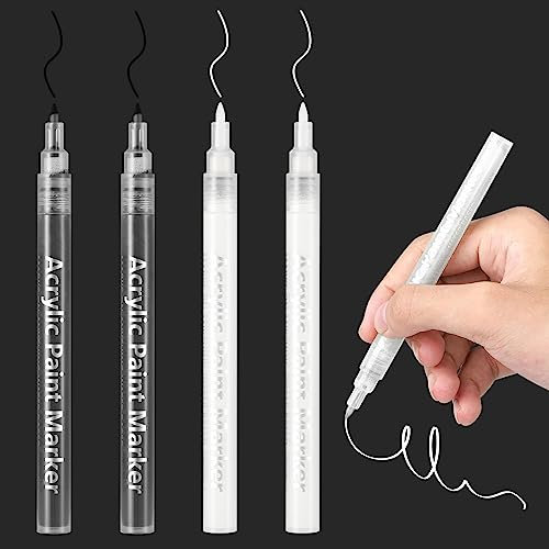 DONQL 4Pcs Acrylic Paint Pen 0.7mm Metallic Permanent Acrylic Markers Set Glass Glitter Paint Pens for Fabric Glass Rock Wooden Ceramic Leather (2 Black & 2 White)
