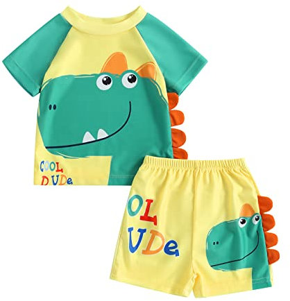 Carolilly Ensemble Maillot de Bain Enfant Garçon Anti-UV Imprimé Dinosaure, Haut à Manches Courtes + Shorts de Bain (2-7 Ans) (Vert, 5-6 Years)