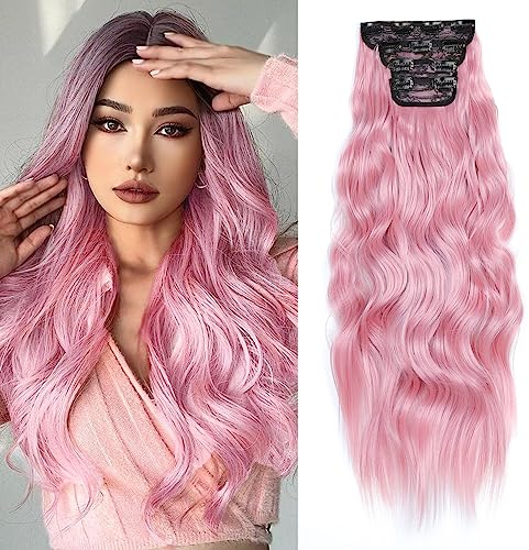 Hair Extensions Clip in,24inch Curly Synthetic Clip in Hair Extension,4Pcs Natural Long Wavy Hair Clip in Extensions for Women Wavy Hair Pieces for Full Head Pink Hair