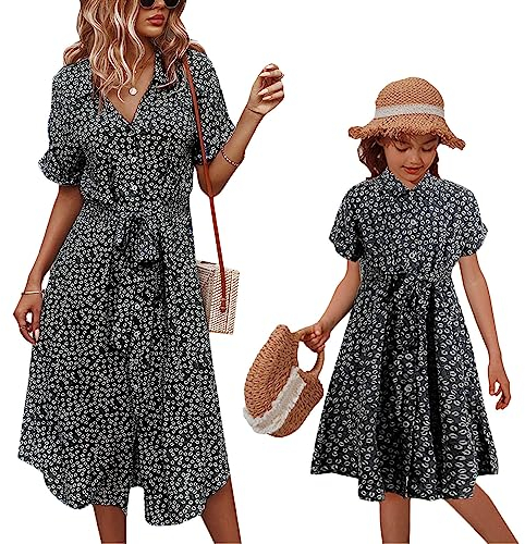 shownicer Mutter und Tochter Passendes Kleid Blumenmuster Kleider Eltern-Kind-Kleid Strandkleid Polka Dots Matching Outfits Familien Kleidung Sommerkleid C Schwarz XL