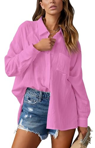 NONSAR Chemisier élégant pour femme - Col en V - Manches longues - Décontracté - Tendance - Tunique élégante - Avec poche, framboise, XXL