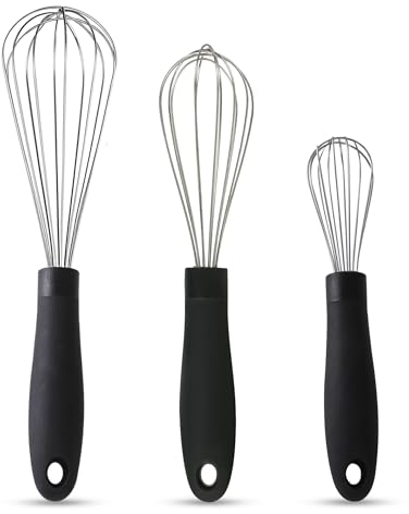Stainless Steel Whisk 3 Pack- Kitchen Balloon Whisk with TPR Handle, Thick Stainless Steel Wire & Strong Handles, Egg Frother for Cooking, Blending, Whisking, Stirring, Beating