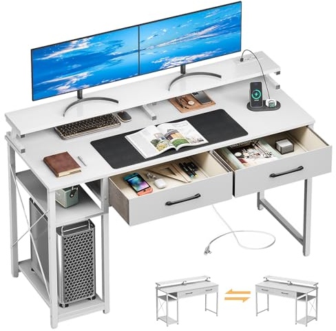 ODK Schreibtisch mit 2 Schubladen, Computertisch mit 2 Steckdose 2 USB-Ladeanschluss, PC Tisch mit Regalen und Monitorständer, büro Tisch für Home Office, 120x50x90cm, Weiß