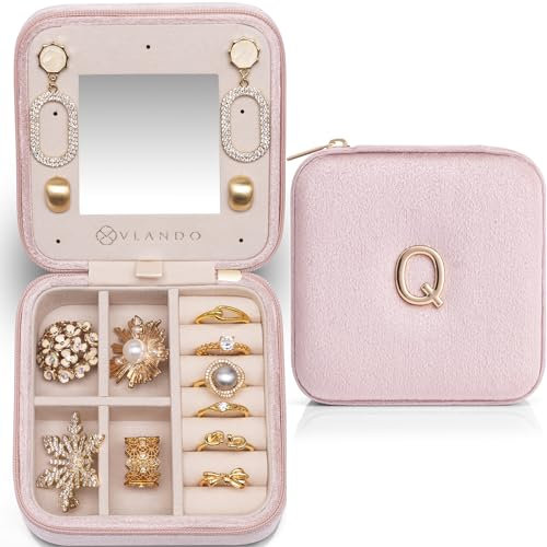 Vlando Schmuckkästchen Reise, Schmuckkästchen klein für Damen, Personalisiert Schmuck Organizer Samt von A bis Z, Personalisierte Geschenke, Schmuckaufbewahrung Reise mit Spiegel, Geschenk für Frauen