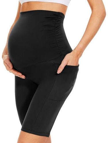 QGGQDD Legging de grossesse court avec poches - Pantalon de grossesse pour femme enceinte, Noir , M