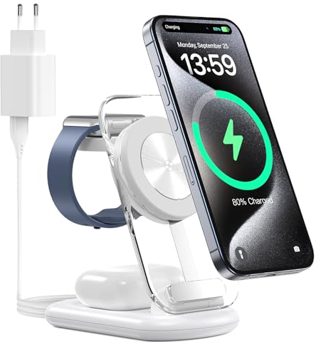 Mag Safe Ladestation Für Apple Watch und iPhone, Mag Safe ladegerät, 3 in 1 Faltbar Kabellos Ladegerät mit iPhone 16 15 14, Travel Charging Pad IWatch Ultra 2/1,AirPods