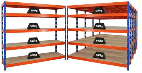 PROREGAL Mega Deal | 5X Profi Schwerlastregal Rhino | HxBxT 180x200x60cm | 5 Spanplatten-Ebenen 8mm | Fachlast 500kg | Blau-Orange | Garagenregal Lagerregal Steckregal Weitspannregal