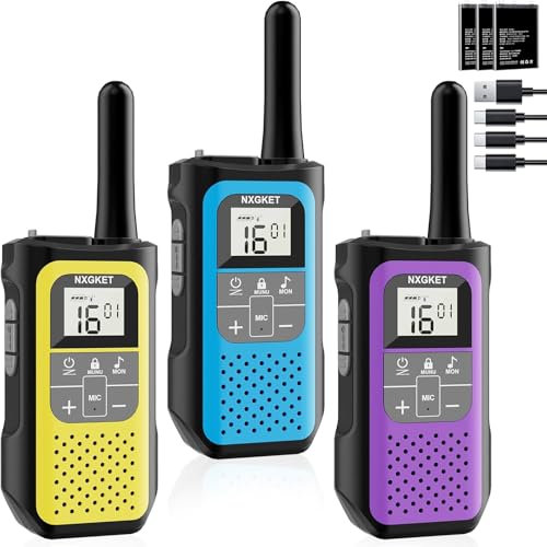 Talkie Walkie Longue Portée 5 km, NXGKET Talki Walki Enfants Adultes, Rechargeable 16 Canaux Radio avec Batterie Li-ION, Câble USB-C, VOX pour Outdoor Camping Randonnée Voyage Pêche Chasse, Lot de 3