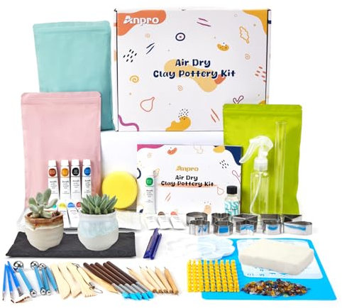 Anpro Air Dry Clay,46 Pcs Air Dry Clay for Adults,Pottery kit with Tools,Paints,Brushes,Guide,Gloss Varnish