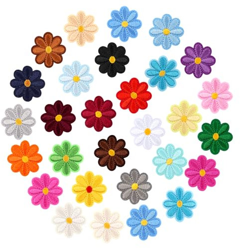 28 Stück Patches zum Aufbügeln, Florale Flicken zum Aufbügeln, Gänseblümchen Blume Aufnäher Kinder, Bestickte Aufnäher, Bügelbilder für Hut, Jeans, Hemden, Jacken Rucksäcke, DIY-Zubehör