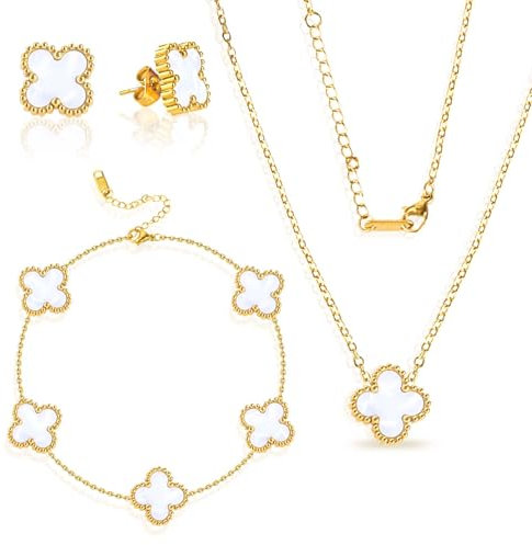 JunMallko Vierblättriges Kleeblatt Schmuckset für Damen und Mädchen, 18K Vergoldet Vierblättriges Kleeblatt Halskette Ohrringe Armband, Muttertagsgeschenke, Geschenke Valentinstag Geburtstags (Weiß)