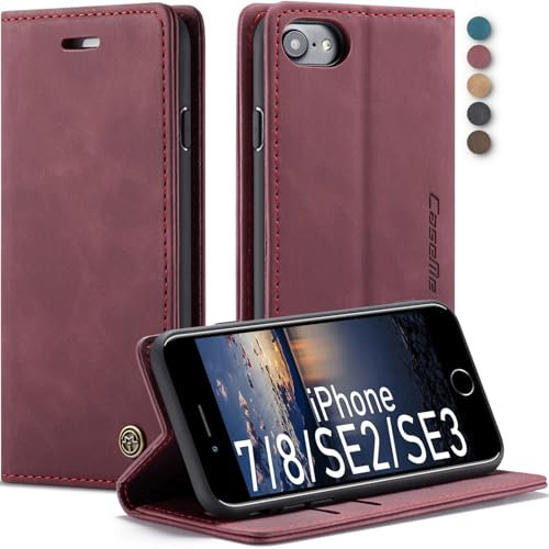 Lxisxcna Handyhülle für iPhone SE 2022/SE 2020/8/7 Hülle Klappbar Premium PU Lederhülle Klapphülle Kartenfach Standfunktion Schutzhülle für iPhone SE 2022/SE 2020 Flip Case Wallet (Weinrot)