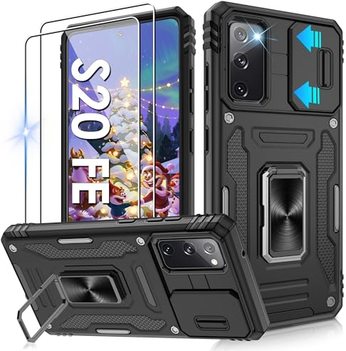 Jshru for Samsung S20 FE Case with Screen Protector-Camera Protective Cover | Ring Stand Phone Case for Men and Women | Shockproof Bumper Phone Cover for Samsung Galaxy S20 FE,Black