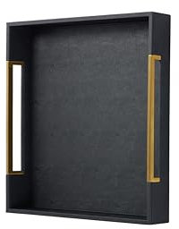 Extra Large Black Shagreen Leather Ottoman Tray with Gold Handles 20x20 for Living Room, Modern Wooden Decorative Serving Tray for Coffee Table Dinning Table (Black-Gold, Square 20)