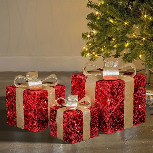 Taylor & Brown Set of 3 Light Up Boxes Gift Parcel Lights Indoor Xmas Decorations for Tree Battery Powered with 50 Warm White LED Lights, Red Glitter with Gold Ribbon