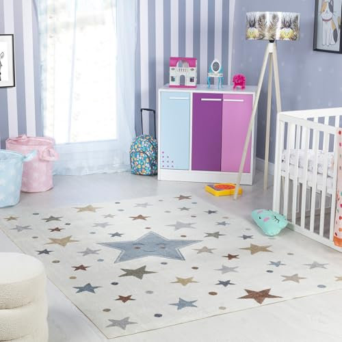 Livabliss Stars Washable Kids Rug - Childrens Rugs for Bedroom 140x200 cm, Machine Washable Animal Rug for Girls & Boys Bedroom, Playroom and Nursery Rugs - Girl, Boy, Baby, Kids Carpet, Cream, Blue