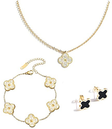 echden Lucky Four Leaf Clover Jewelry Set, 18K Diamond Necklace Pendant Earrings Bracelet for Women,Clover Jewelry Christmas Birthday Gift for Women Girls (black)