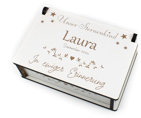 DEKOLANDO Holzbox personalisiert Sternenkind mit Name und Datum - Trauer Box Andenken Gedenken - In ewiger Erinnerung - 15 x 10 cm