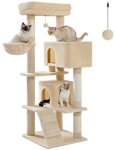 UYMI Cat Tower for Indoor Cats, 56.3 Multi-Level Cat Tree with 2 Cozy Condos, Spacious Top Perch, Cat Scratching Posts, 2 Caves, Plush Hammock, Beige
