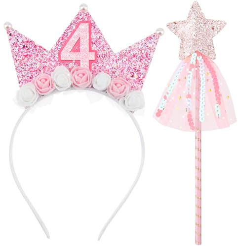 DRESHOW Rosa Geburtstagskrone und Rosa Prinzessin Stern Zauberstab Mädchen Glitzernde Krone Geburtstags für Geburtstage, Weihnachten Halloween