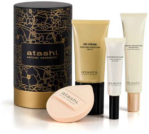 Atashi - Cofre Ritual No Make Up-Make Up - DD Cream Bronce Intenso (50ml) + Contorno de Ojos Iluminador (15ml) + Exfoliante Radiant Skin (40ml) + Esponja Maquillaje.