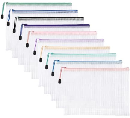 Meekye 10 Stück Dokumententasche A4 A5 oder A6, Wasserdichter Dokumentenmappe A6 mit Reißverschluss, Mesh Kunststoff Mappe, für Datei, Kosmetika, Hausaufgaben und Reisezubehör