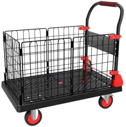 Coolpleasant Plattformwagen, Gitterwagen mit Rollen, Handwagen mit abnehmbarem festen Drahtzaun und TPR leisem Rad mit Bremse, Transportwagen 200kg/400kg, benutzt für Mobile Lagerung(Size:72x48x89cm)
