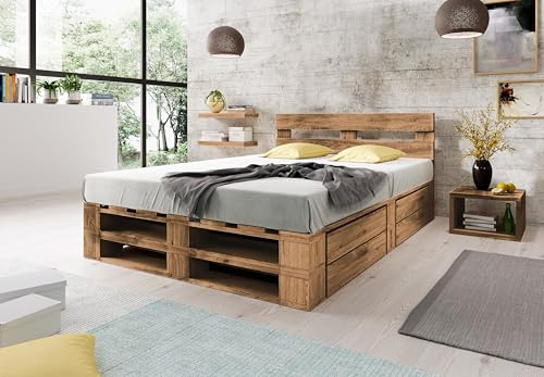 Lermowood Palettenbett M2 aus Holz 140 x 200 cm Eiche mit Kopfteil und 2 Bettkästen Holzbett 30cm Stabiles Seniorenbett Kinderbett Jugendbett Gästebett erhöhtes Bettgestell Futonbett Komforthöhe