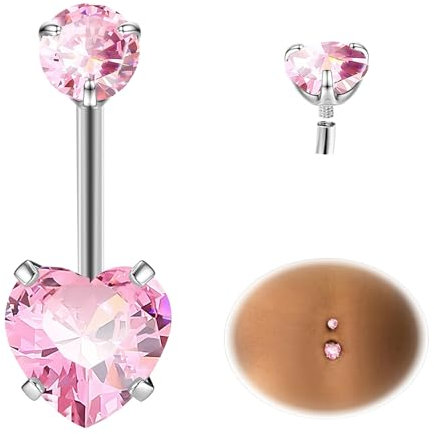 ESHIONER G23 Titane Piercing au Nombril Argent Rose Cœur Ventre Grossesse Bijoux Femme Tige Courte Longue Nombril Anneau 14G 10MM Longueur de La Tige Piercing Nombril