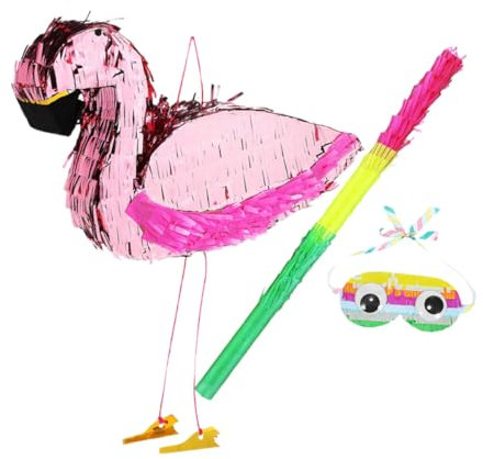 KITANDOVE 1 Satz Flamingo Pinata für Kindergeburtstag Tropische Partydekoration mit Pinata Blindfold und Stock Rosa Piñata für Unvergessliche Feierlichkeiten und Spielspaß