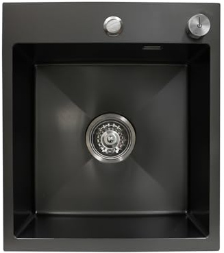 SANYCASA Spülbecken Edelstahl, Küchenspülen mit Siphon und Komfortabler Ablauffernbedienung, Dellenfest Pflegeleicht Spüle für 45 cm Unterschrank (40 × 45 CM), Schwarz
