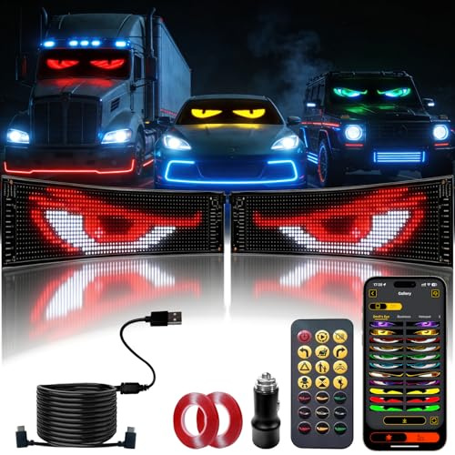 openRGB LED Devil Eye Lights for Windshield 23x5 [2PCs], Dual Screen Sync with APP & Remote Control, Windshield Eyes Animated, 5V USB Powered, Programmable Evil Eyes for Car Truck RV Front Window