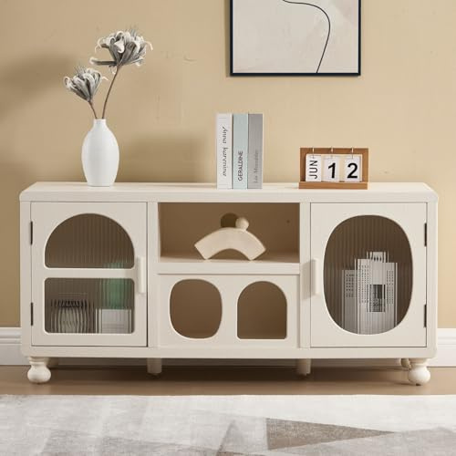 chairus Wooden Storage Cabinet with Glass Door, White Retro Sideboard | Ribbed Glass Doors, Open Shelves, for Living Room/Bedroom/Kitchen