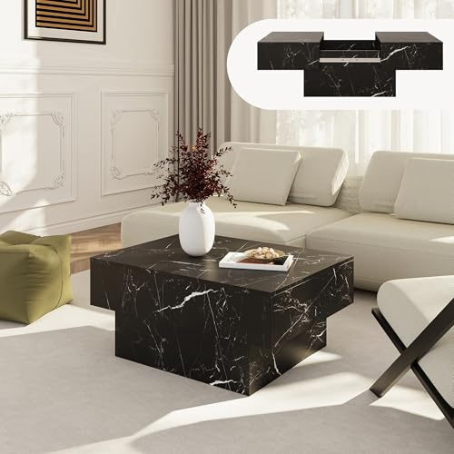 [en.casa] Couchtisch mit Stauraum Lens Wohnzimmertisch ausziehbar Tischplatte 80 x 60 x 36 cm Stubentisch eckig Beistelltisch modern Sofatisch Marmoroptik, schwarz